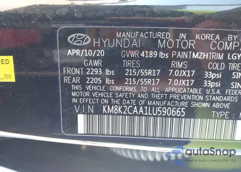 2020 Hyundai Kona Sel z USA, uszkodzony, nr VIN KM8K2CAA1LU590665